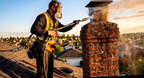 Masked technician deep-cleaning a chimney cap in Glendora