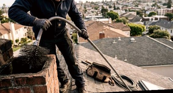 Sweep working a flexible rod down a flue above Glendora rooftops