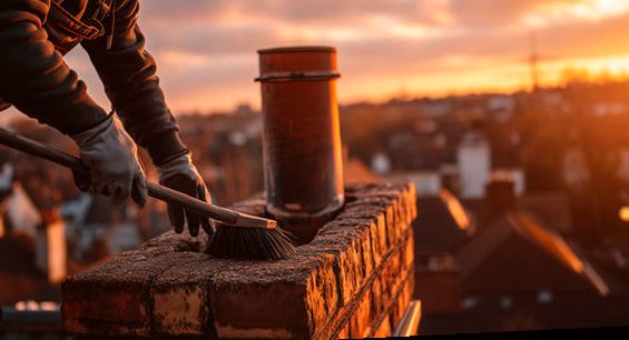 Chimney sweep brushing a crown as the sun drops behind the Glendora foothills