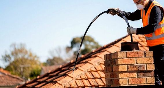 Technician rodding a flue on a bright Glendora day